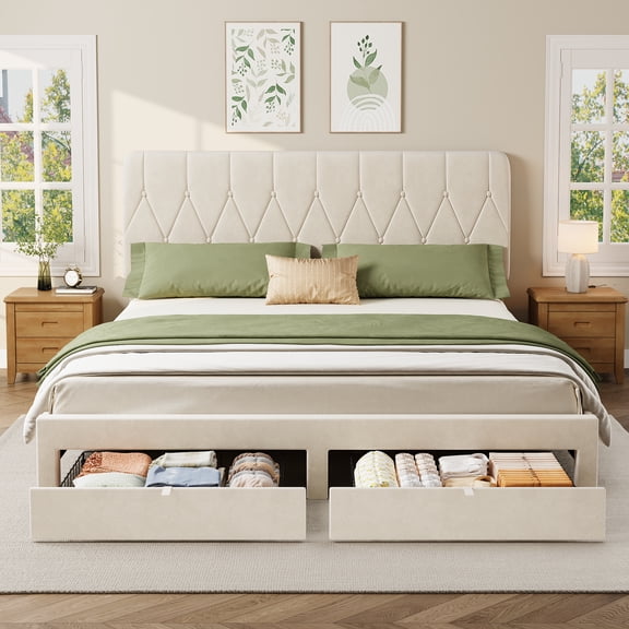 Bed Frame with 2 Drawers, Velvet Upholstered Platform Bed with Wooden Slats for Bedroom, No Box Spring Needed, Easy Assembly