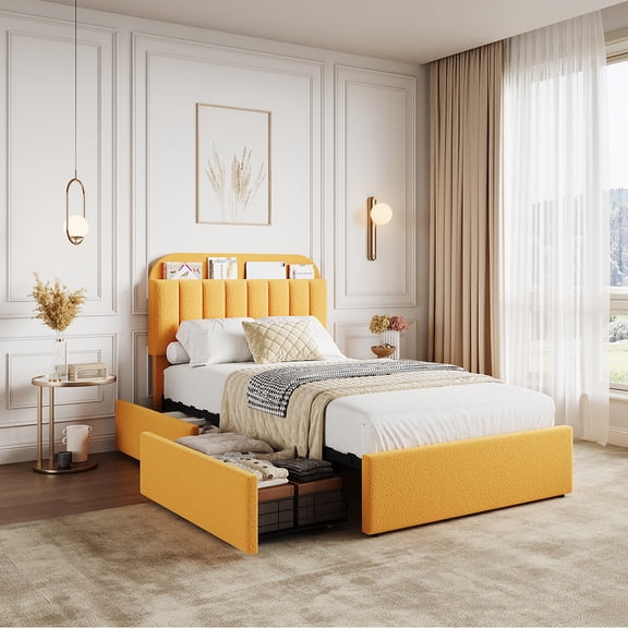 Bed Frame with Storage Headboard, Bed Frame with 2 Drawers, Boucle Upholstered Platform Bed with Bookcase, No Box Spring Needed, Easy Assembly