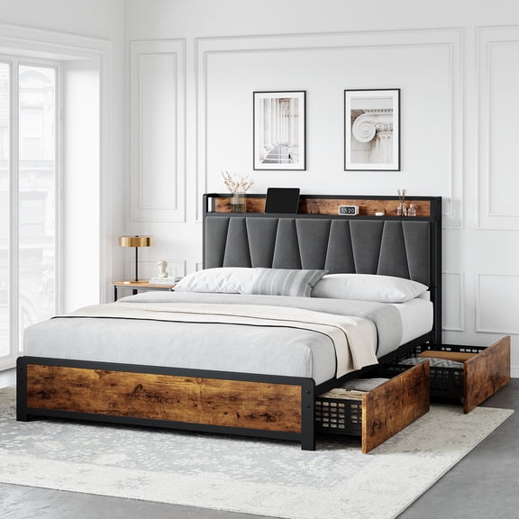 Bed Frame with Storage Linen Upholstered Headboard, 4 Drawers Platform Bed Frame with Charging Station, No Box Spring Needed, Easy Assembly
