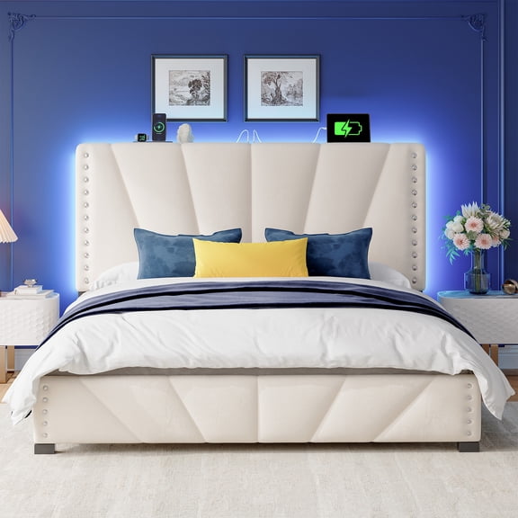 Bed Frame with Storage Queen Size Bed Frame with Charging Station Upholstered Bed Frame with Bed Frame & LED Lights,Beige