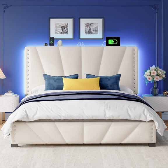 Queen Size Bed Frame with Storage Upholstered Bed Frame with Headboard & LED Lights & Charge Station,Beige