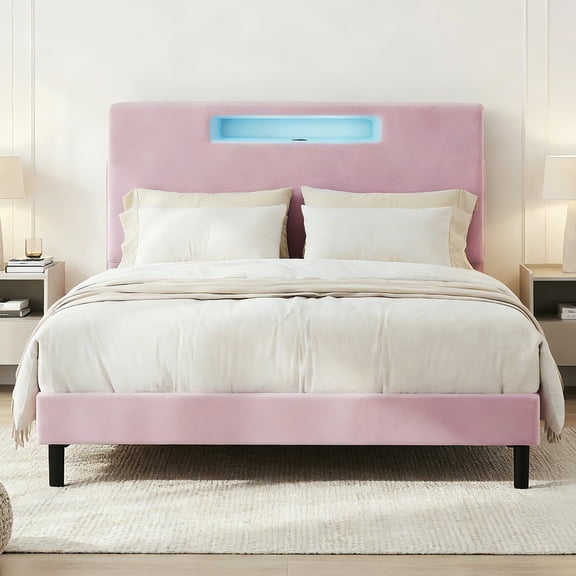 Bed Frame with USB & Type C Charging LED Lights, Flannel Headboard Wooden Slat Support Bed Frame for Queen Size with Remote Control Easy Assembly