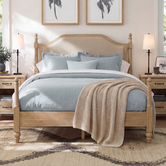 WAMPAT Oak Platform Bed Frame Queen & Full Size, Upholstered Headboard with Under Bed Storage, Wood Slat Support, Easy Assembly, No Box Spring
