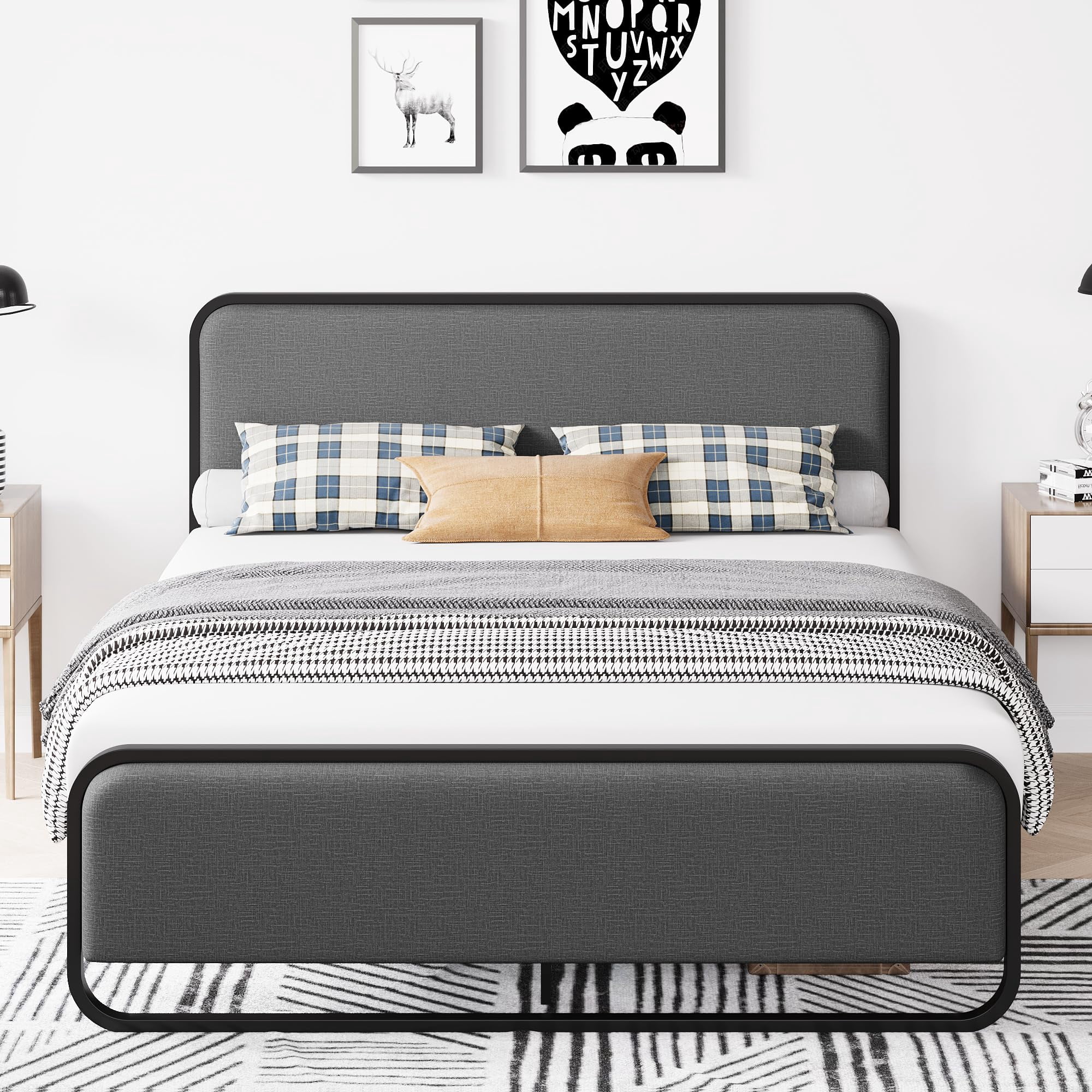 Bed Frame with Upholstered Headboard and Footboard, Metal Platform Bed ...