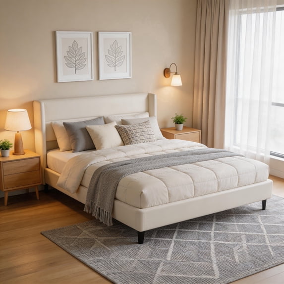 Velvet Wingback Bed Frame – Upholstered Platform Bed with Headboard, 8” Under-Bed Storage, No Box Spring Needed, Easy Assembly, Wooden Slats