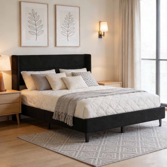 Velvet Wingback Bed Frame – Upholstered Platform Bed with Headboard, 5” Under-Bed Storage, No Box Spring Needed, Easy Assembly, Wooden Slats