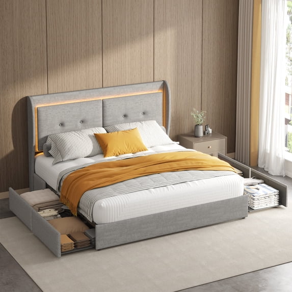 Bed Frame with Wingback Storage Headboard and 4 Storage Drawers, Upholstered Platform Beds with LED Lights, No Box Spring Needed/Noise-Free