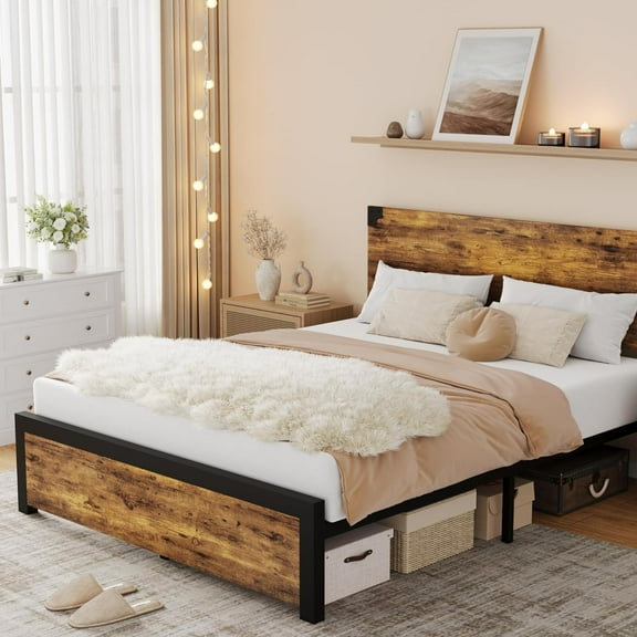 Bed Frame with Wooden Headboard Features a Platform Design with Under-Bed Storage and Metal Legs