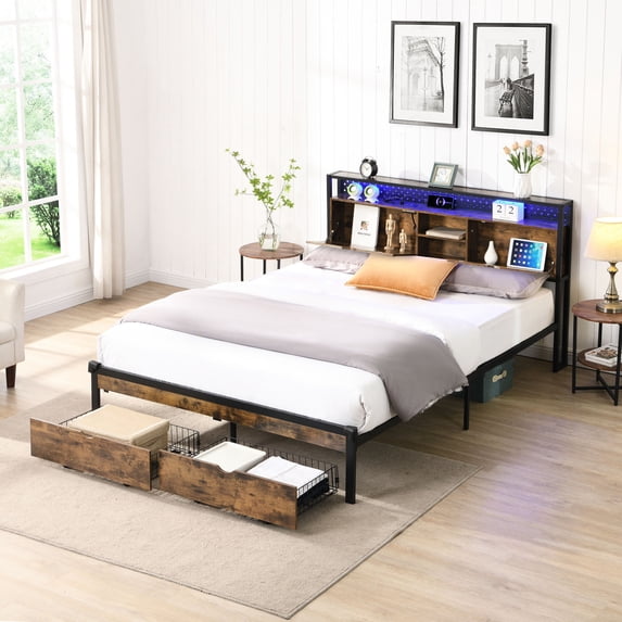 Bed Frame with Wooden Headboard, USB Charging Station / LED Lighting, Storage Drawers for Bedroom Use