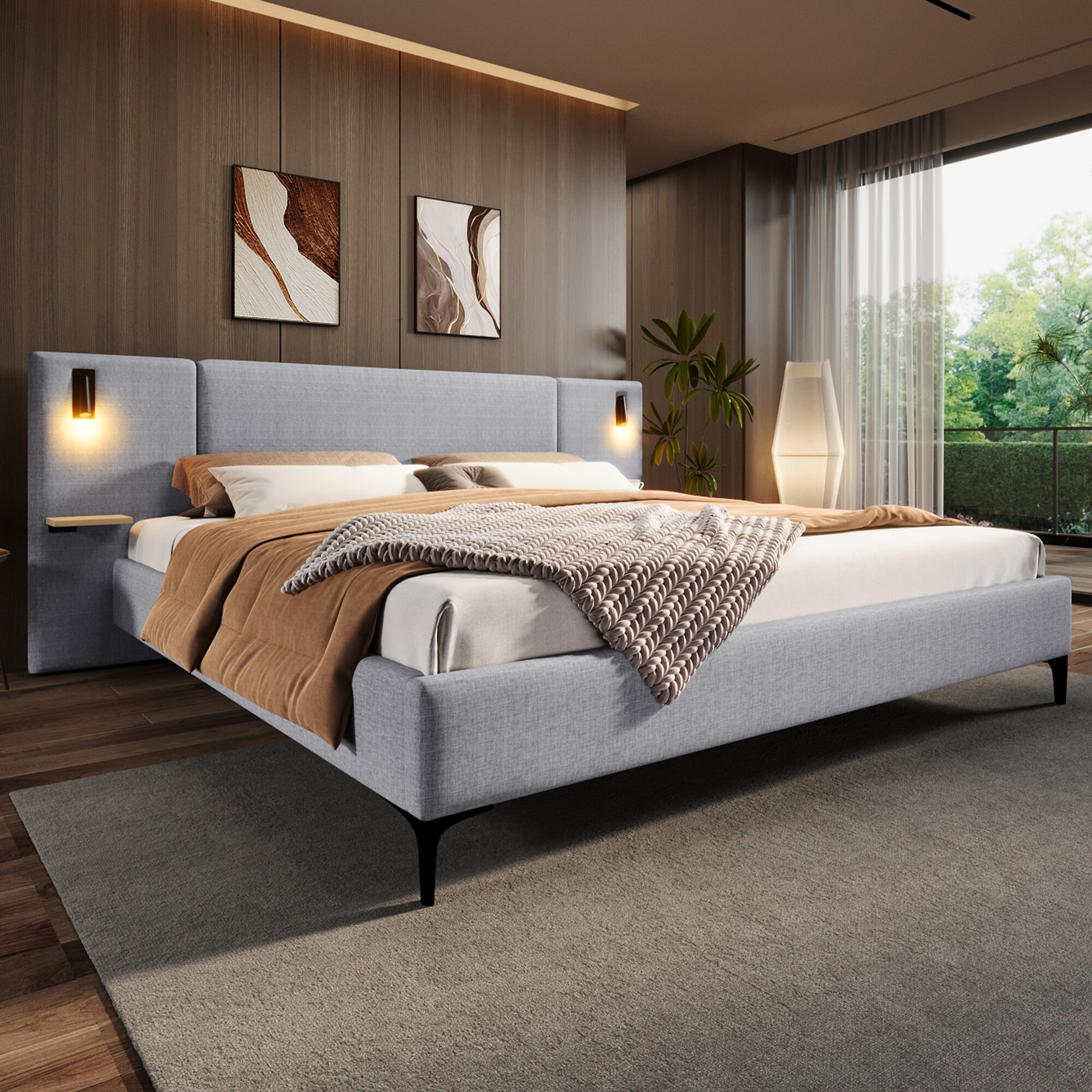 Bed Frames Chic Linen Upholstered Bed with Integrated Lights and Shelves, Grey, Queen,Adjustable Bed Base
