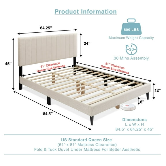 Bed Frames Cream White Upholstered Queen Platform Bed Frame, Tufted Channel Headboard, Mid-Century Bedroom Furniture, No Box Spring Required, Bed Frame Wood Slats, Modern Soft Boucle, 64.25" x 84.5Cr