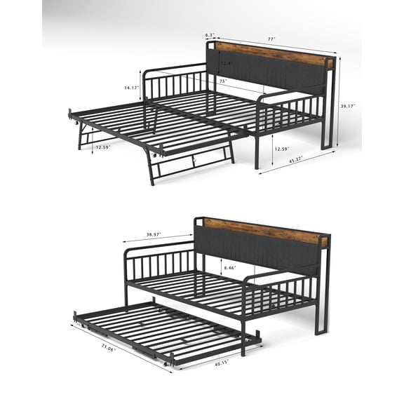 Bed Frames Daybed with Trundle, Sturdy Metal Twin Bed Frame with Upholstered Headboard and Charging Station for Living Room, Bedroom and Guest Room, Black,Storage Beds Frames