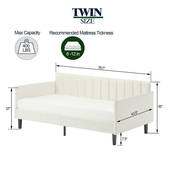 Bed Frames Elena Twin Size Beige Velvet Upholstered Daybed, Ribbed Tufted Backrest, Daybed in Lavish Modern Design, Richly Hued Foam Comfort,Adjustable Bed Base