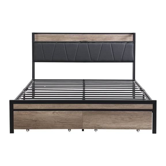 Bed Frames FULL Size Metal Platform Bed Frame with upholstery storage function Headboard and USB LINER and Footboard with drawers , No Box Spring Needed, Large Under Bed Storage, Easy Assemble,Ad