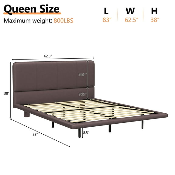 Bed Frames Floating Bed Frame with LED Light, Modern PU Leather Platform Bed, No Boxing Spring Needed, Assemble Easily, Queen Size,Adjustable Bed Base