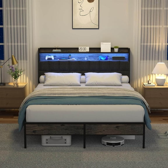 Bed Frames Full Bed Frame, Ergonomic Headboard with Multi-Space Storage, Bedframe with Charging Station RGB LED Lights,Adjustable Bed Base