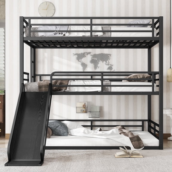 Bed Frames Full over Full over Full Bunk Bed with Slide, Metal Triple Bunk Bed with Safety Guardrails, Heavy-duty Bunk Bed with Noise-reduced Design, Black,Adjustable Bed Base
