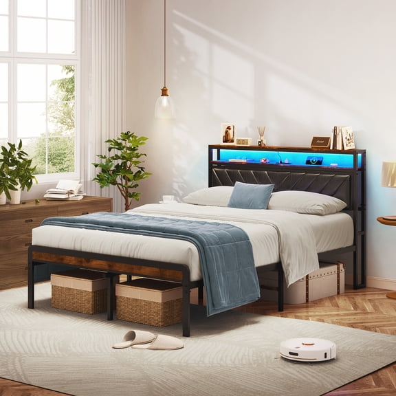 Bed Frames Full Size Metal Platform Bed Frame with Adjustable Upholstered Headboard, Charging Station, LED Lights, Noiseless, Black and Brown,Adjustable Bed Base