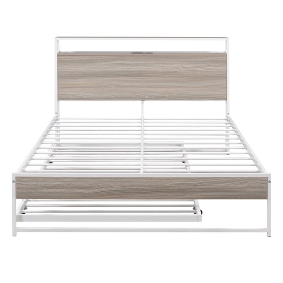 Bed Frames Full Size Metal Platform Bed Frame with Trundle, USB Ports and Slat Support ,No Box Spring Needed White,Adjustable Bed Base