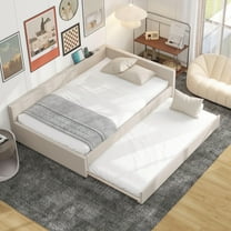 Bed Frames Full Size Upholstered Platform Bed with USB and Twin Size Trundle, Beige,Adjustable Bed Base