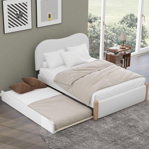 Bed Frames Full Size Upholstered Platform Bed with Wood Supporting Feet and Twin Size Trundle, White,Adjustable Bed Base