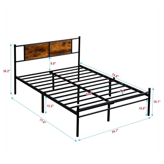 Bed Frames Full Size metal bedframe,Headboard with wood panel decoration,black,Adjustable Bed Base