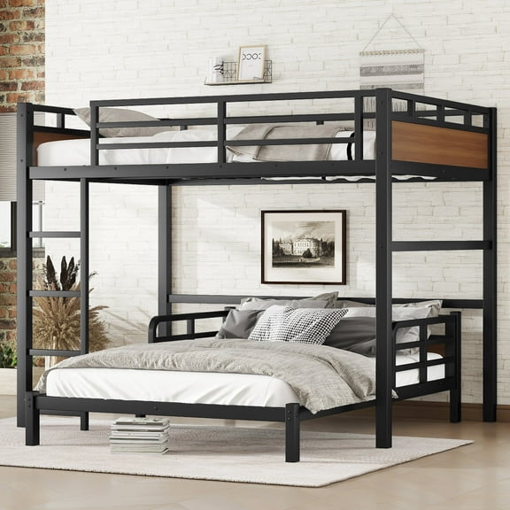 Bed Frames Full XL over Full XL Metal Bunk Bed/Metal Loft Bed,Separable Bunk Beds,with raised security fence,Walnut Color,Adjustable Bed Base