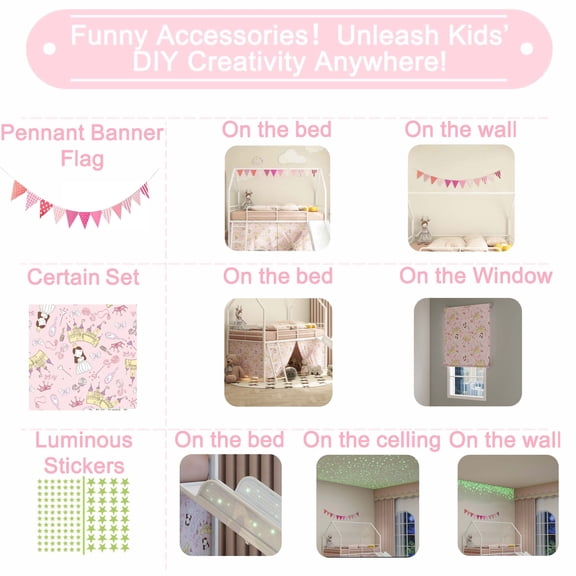 Bed Frames Jack Metal Junior House Twin Loft Bed with Slide and Curtain Set and Pennant Banner Flag and Star Stickers, White with Pink,Storage Beds Frames
