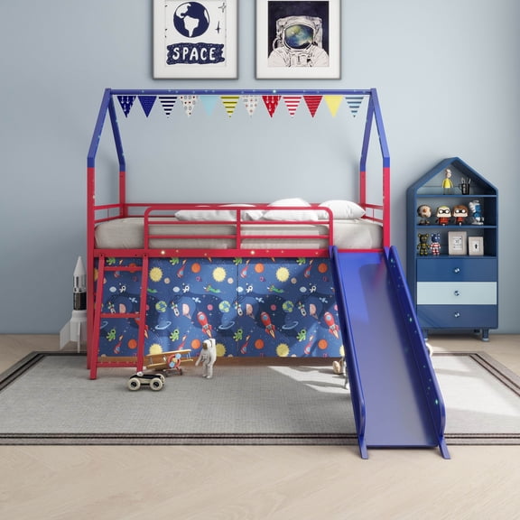 Bed Frames Jack Metal Junior House Twin Loft Bed with Slide and Curtain Set, Super Hero Color Red and Blue,Adjustable Bed Base
