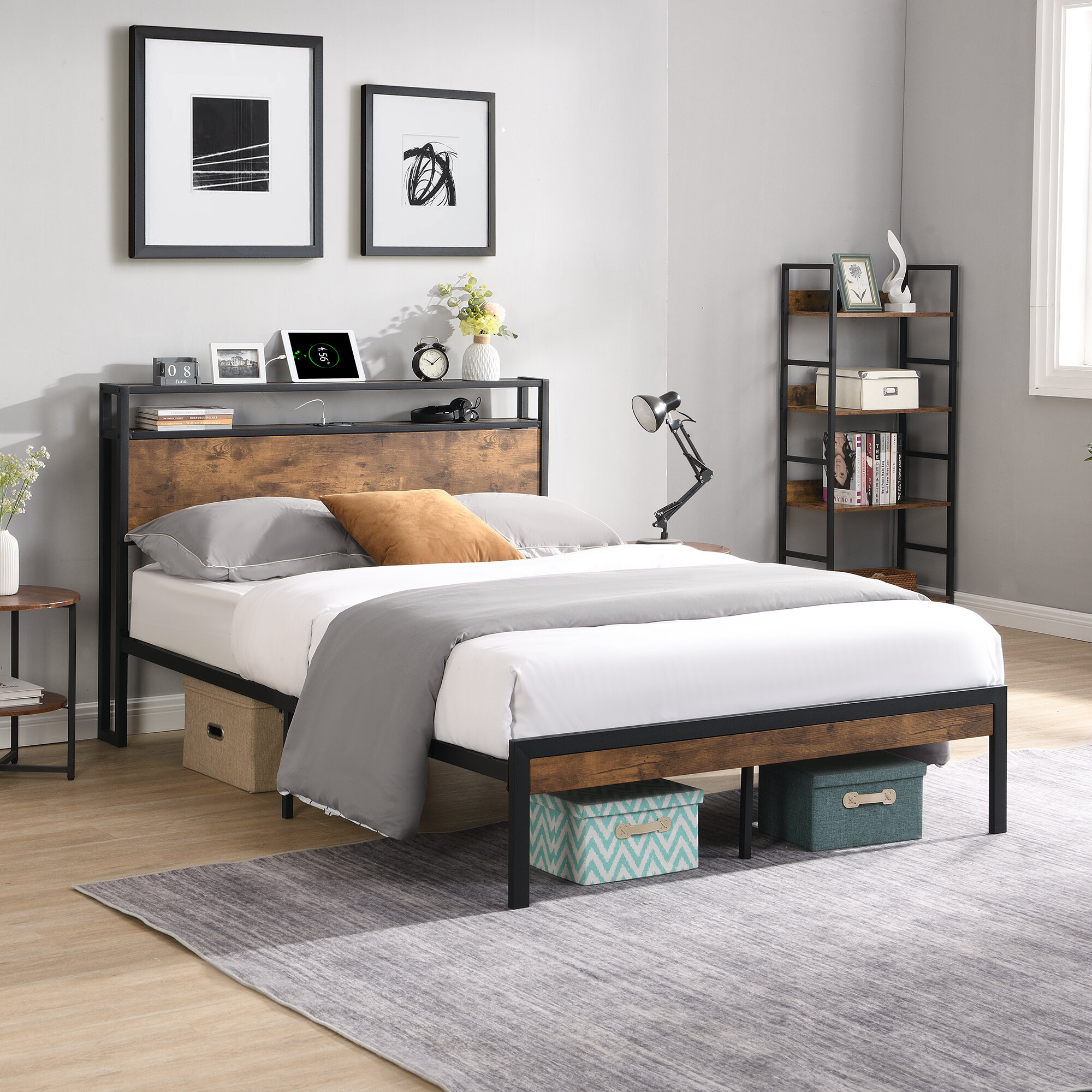 Bed Frames King Size Metal Platform Bed Frame with Wooden Headboard and Footboard with USB LINER, No Box Spring Needed, Large Under Bed Storage, Easy Assemble,Adjustable Bed Base