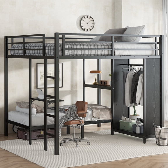 Bed Frames King over Twin XL Size Bunk Bed Frame with Built-in Wardrobe, Metal Bunk Bed with Foldable Desk and, Black,Storage Beds Frames