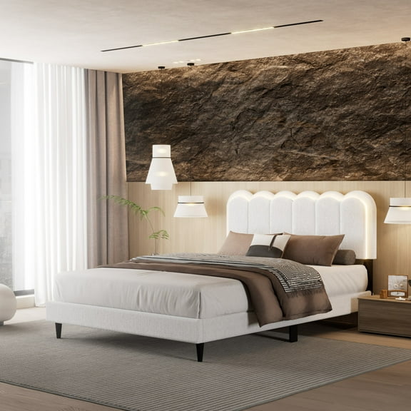 Bed Frames Lambswool Petal Headboard Bed Frame Cream Style Bedroom Soft Bed with Atmosphere Light, Full,Adjustable Bed Base