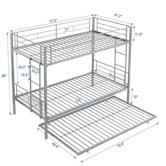 Bed Frames, METAL BUNK BED WITH TRUNDLE SILVER, Silver Adjustable Bed Base,Metal Storage Beds Frames, Furniture Bedroom Furniture Beds, Frames & Bases METAL BUNK BED WITH TRUNDLE SILVER
