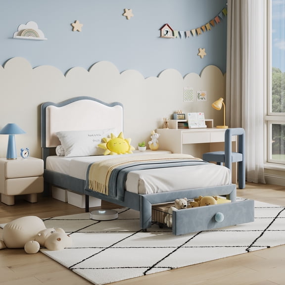 Bed Frames, Modern Velvet Upholstered Platform Bed with Headboard, Soft Rounded Corners, Noise Free, Easy Assembly