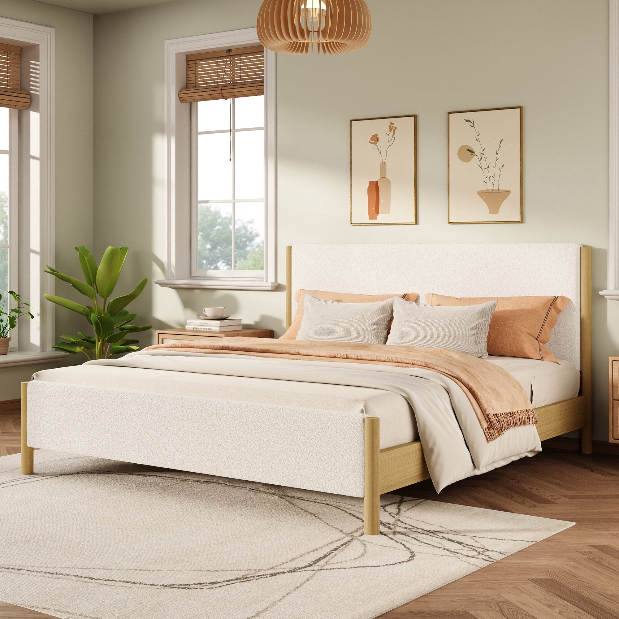 Bed Frames Modern White Boucle Upholstered Bed with Rubberwood Legs, Queen, White,Adjustable Bed Base