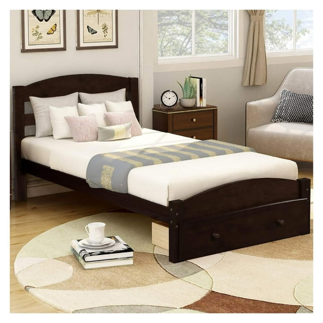 Bed Frames Platform Wood with Headboard Drawer, Wooden Slats Support