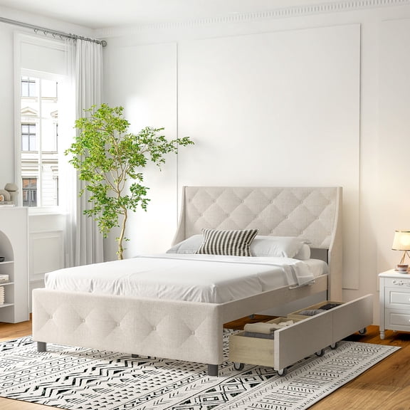 Bed Frames Queen Size Bed Frame with Storage Headboard, Metal Platform Bed No Noise, Mattress Foundation Strong Metal Slats Support No Box Spring Needed,Adjustable Bed Base