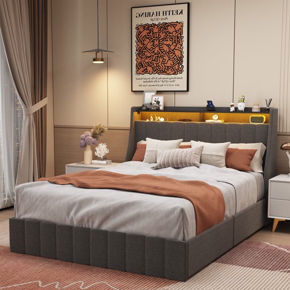 Bed Frames Queen Size Bed Frame with LED, 4 Under-bed Portable Storage Drawers, Wings Headboard Design, Dark Grey,Adjustable Bed Base