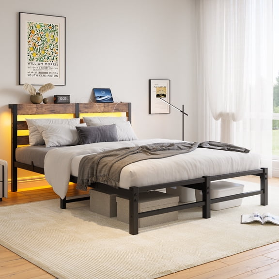 Bed Frames Queen Size Metal Bed Frame with Wooden Headboard, RGB Lights,Charger, Storage Shelf, Noise-Free, No Box Spring Needed,Rustic Brown,Adjustable Bed Base