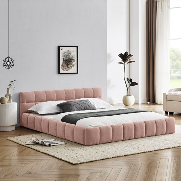 Bed Frames Queen Size Upholstered Bed Frame with Thick Fabric, Chenille Fabric Grounded Queen Size Platform Bed with Headboard and Solid Frame. No Box Spring Needed, PINK(68''*86.5''*23.5''),Adjustab