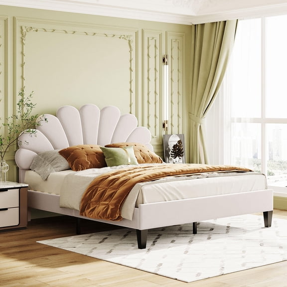 Bed Frames Queen Size Upholstered Platform Bed with Flower Pattern Velvet Headboard, Beige,Adjustable Bed Base