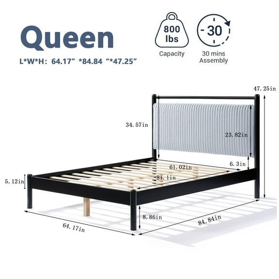 Bed Frames Queen Wood Bed Frame with Fluffy Soft Headboard,Adjustable Bed Base