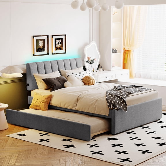 Bed Frames Teddy Fleece Full Size Upholstered Platform Bed with Twin size Trundle, Gray,Adjustable Bed Base