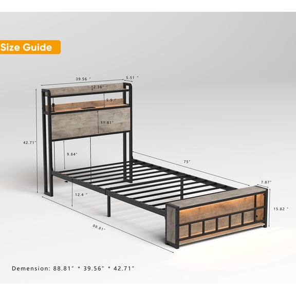 Bed Frames Twin Bed Frames , Headboard and Charging Station & LED Light for Bedroom, Solid and Stable, Noise Free, No Box Spring Needed, Easy Assembly,Adjustable Bed Base