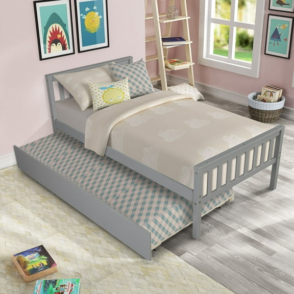 Bed Frames Twin Bed with Trundle, Platform Bed Frame with Headboard and Footboard, for Bedroom Small Living Space,No Box Spring Needed,Grey(New SKU:W504P148530),Adjustable Bed Base