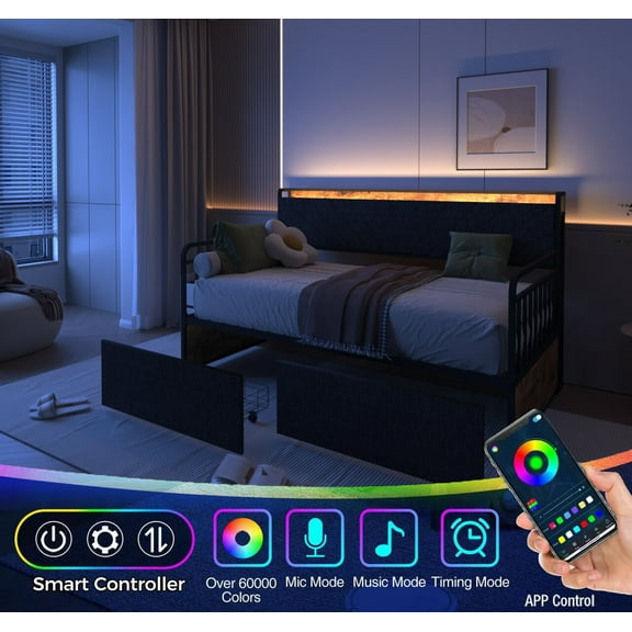 Bed Frames Twin Daybed with Drawers,Sturdy Metal Twin Bed Frame with Upholstered Headboard and Charging Station for Living Room, Bedroom and Guest Room,Storage Beds Frames