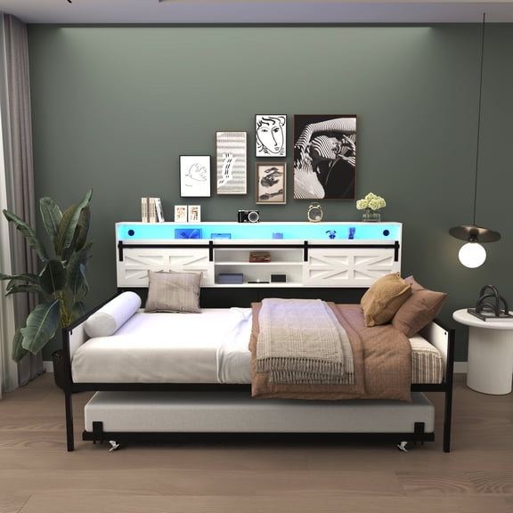 Bed Frames Twin Daybed with Trundle, Farmhouse Daybed Frame with Sliding Barn Door Headboard and Charging Station & LED Light for Bedroom and Guest Room, White,Adjustable Bed Base