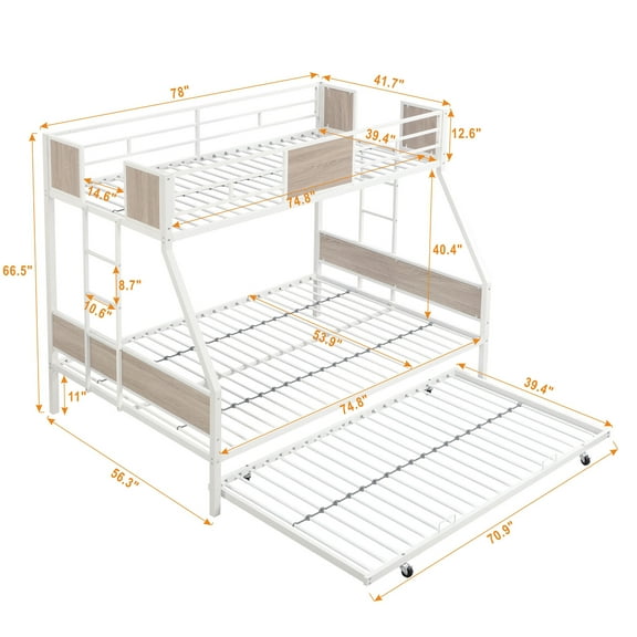 Bed Frames Twin Over FULL Metal Bunk Bed with Trundle 2 - Side Ladder and Full-Length Guardrail, No Box Spring Needed, Large Under Bed Storage, Easy Assemble,Adjustable Bed Base