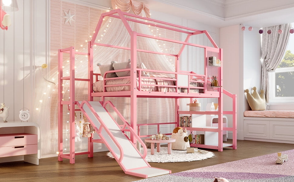 Bed Frames Twin House Loft bed with Slide and Stairs, Metal Playhouse ...