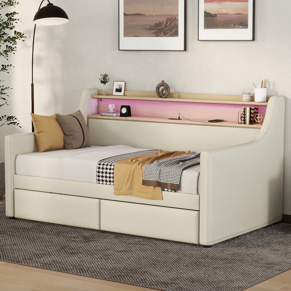 Bed Frames Twin Size Daybed with Storage Drawers, Upholstered Daybed with Charging Station and LED Lights, Beige (Expect arrive date: Jun.,20th.),Storage Beds Frames
